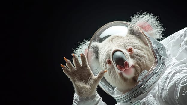 koala in space suit waves cheerfully, exploring cosmos.