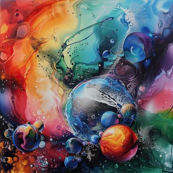 This captivating artwork features swirling colors and celestial forms, showcasing a vibrant representation of planets and galaxies in an imaginative cosmic setting.
