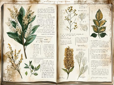The artwork features meticulously drawn botanical illustrations alongside handwritten notes, highlighting different plant species in an antique manuscript.