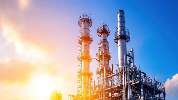 Fuel processing plant with towering distillation columns under bright sky.