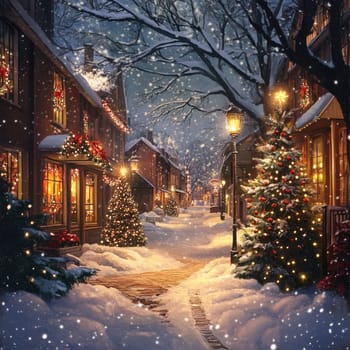 The village is transformed into a winter wonderland with gently falling snow, glittering decorations, and warm lights radiating from cozy homes, inviting holiday cheer.