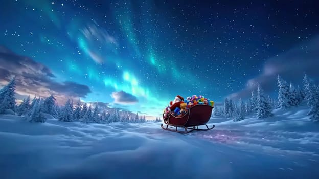 joyful Santa Claus rides through snowy landscape under starry sky.