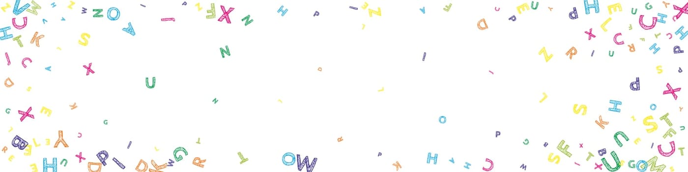 Flying latin letters. Colorful childish scattered charachters of English alphabet. Foreign languages study concept. Back to school banner .