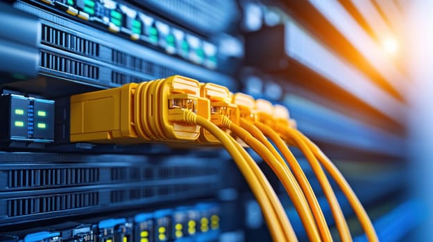 High tech server room with orange network cables connected to equipment.