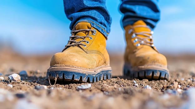 Work boots on rugged terrain, showcasing durability and strength.