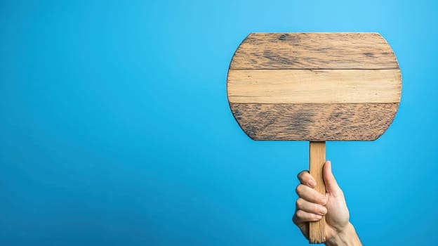 Hand holding wooden sign against blue background, perfect for messages.