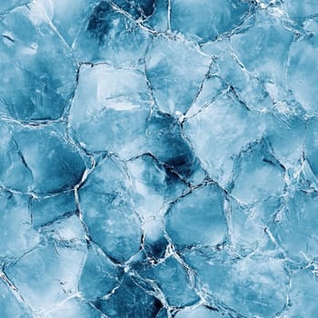 The image illustrates intricate patterns of cracked ice with varying shades of blue, creating a soothing visual in a chilly atmosphere, highlighting nature's artistry.