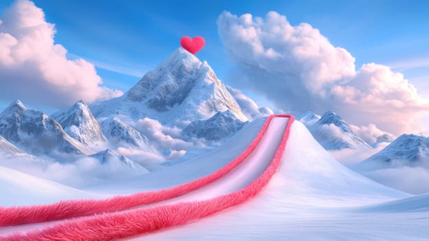 whimsical landscape featuring pink slope leading to heart shaped peak, evoking joy.