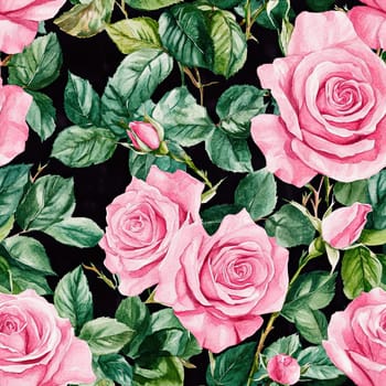 A vibrant arrangement of pink roses occupies the foreground, complemented by rich green leaves, set against a dramatic dark backdrop that enhances the floral beauty.