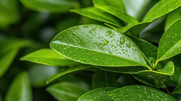 Fresh green leaves glistening with water droplets create serene atmosphere.