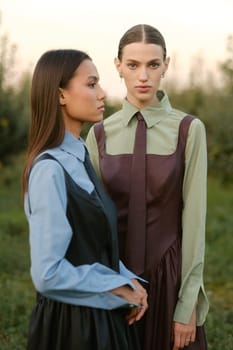 Two stylish girls in dresses with ties in the summer garden. Fashion show in nature.