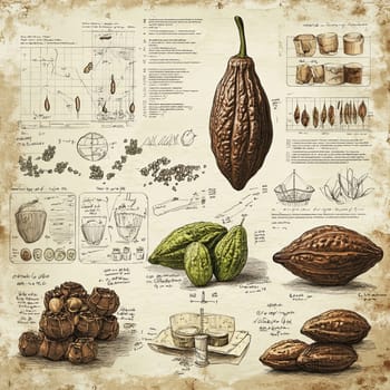This informative infographic explores the lifecycle of cacao beans, showcasing various cacao pods, processing methods, and relevant sketches for chocolate production, aimed at educating the viewer.