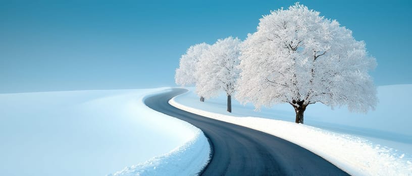 serene winter scene with snow covered trees lining winding road.