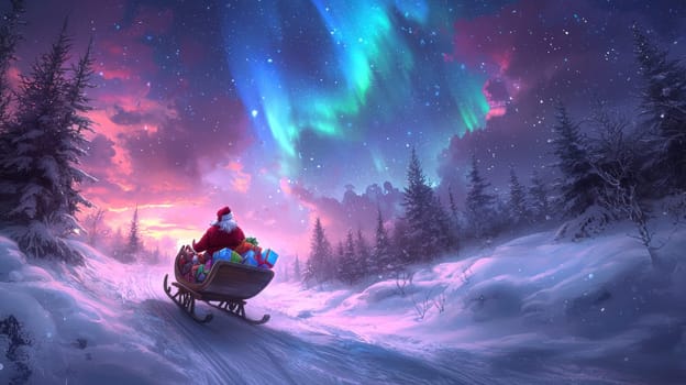 magical scene of Santa Claus riding sleigh through snowy forest under northern lights.