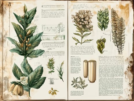 The illustration includes intricate drawings of multiple plants along with detailed notes describing their characteristics and uses, capturing their natural beauty.