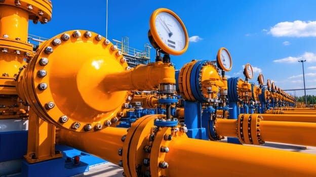 High tech fuel refinery plant with vibrant orange pipelines and gauges.