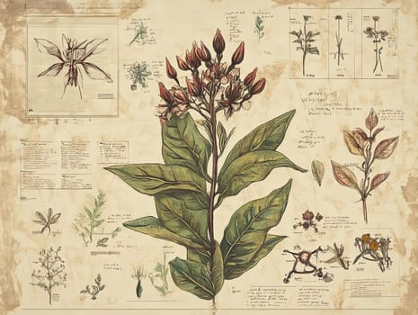 A collection of botanical illustrations displaying multiple plant species with labels and notes, highlighting their unique features and anatomy on parchment paper.