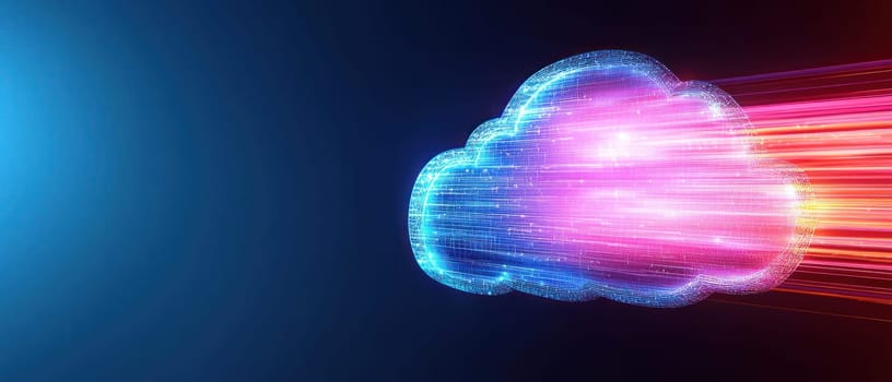 Digital cloud with vibrant data flow, symbolizing connectivity and technology.
