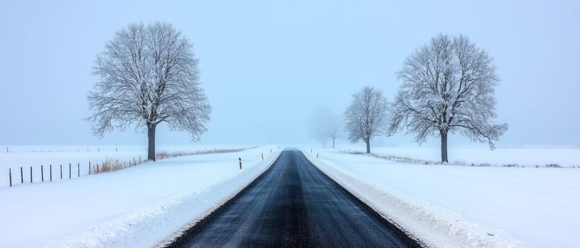 serene winter scene with snow covered trees lining quiet country road.