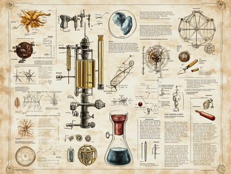 Detailed illustrations highlight various vintage scientific instruments, diagrams, and theories from the late 19th century, emphasizing advancements in chemistry and physics exploration.