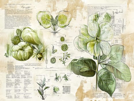 Details of lime fruit and leaves are beautifully illustrated against a vintage paper backdrop, complete with scientific annotations and botanical sketches.