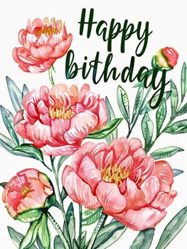 A colorful birthday card showcases lush pink flowers with green leaves, elegantly highlighting a heartfelt Happy Birthday greeting, perfect for any birthday occasion.