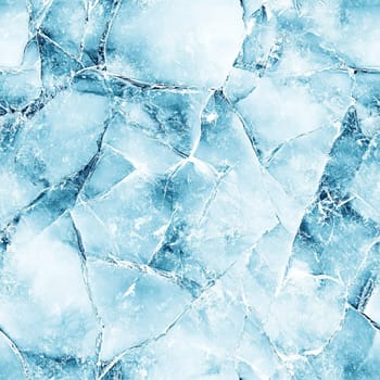 The image showcases intricate patterns of cracked ice revealing various shades of blue. This frozen landscape captures the essence of winter's chill and beauty.