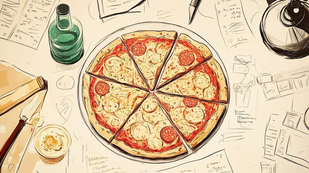 The infographic presents a detailed illustration of a pizza topped with pepperoni and cheese, surrounded by dining utensils and notes on a table, representing a casual eatery ambiance.