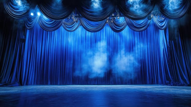 The stage is set with rich blue curtains draping elegantly, enhanced by dramatic lighting that creates a mystical ambiance, ready for a captivating performance.