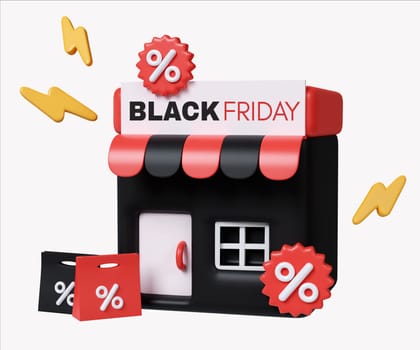 A compelling 3D render of a storefront adorned with Black Friday sale banners and shopping bags, symbolizing retail promotions during the shopping event