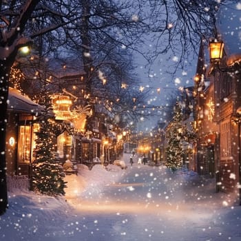 A charming village street is covered in snow, illuminated by twinkling lights and adorned with holiday decorations, creating a cozy winter atmosphere.