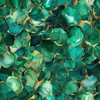 An intricate composition showcases overlapping green forms accented with gold outlines, highlighting the beauty of fluid art. The rich textures create a vibrant visual.