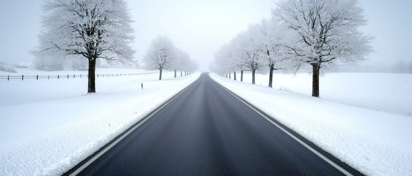 serene winter scene with snow covered trees lining quiet road.