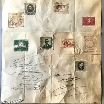 A collection of rare historical stamps is arranged on yellowed paper, featuring various designs, accompanied by a handwritten letter filled with personal notes and signatures.