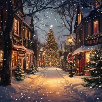 Festive lights illuminate a charming village street, where snowflakes gently fall, creating a picturesque winter wonderland. A beautifully decorated Christmas tree stands tall.