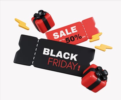 A 3D render illustrating Black Friday sale tags offering up to 50 percent off, paired with gift icons, epitomizing retail shopping excitement