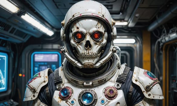 A robotic astronaut with a skull helmet and glowing red eyes stands in a spaceship hallway.