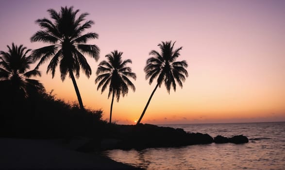 A scenic view of a tropical sunset with three palm trees in the foreground. The sky is a mix of purple and orange, and the sun is just below the horizon