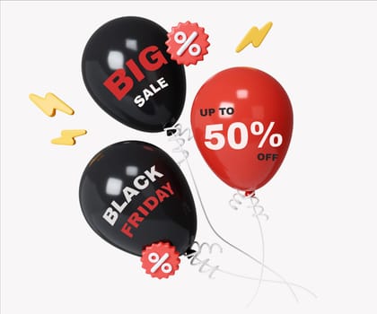 A vibrant 3D render featuring balloons with Black Friday sale percentages, embodying festive shopping excitement and promotional trends