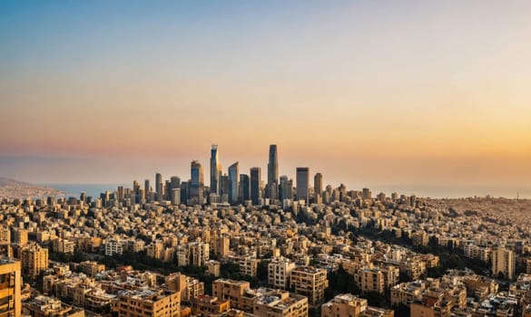 The image depicts an aerial view of Beirut, Lebanon, at sunset
