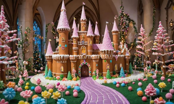 A gingerbread castle, complete with pink icing turrets, stands tall in a landscape of edible delights. Candy trees with pink and white candy canes line the pathway leading to the castle