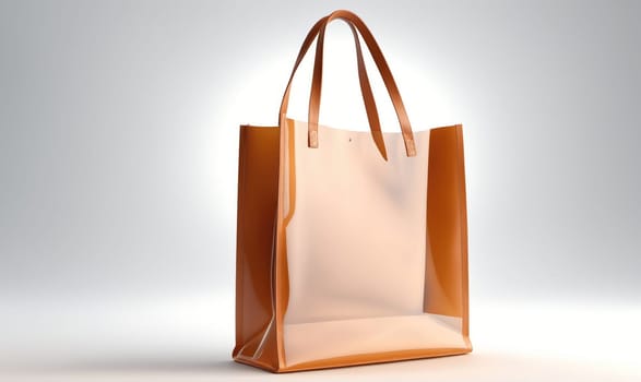 A large, clear, tote bag with brown leather trim and handles sits on a white, reflective surface. The bag appears to be empty.