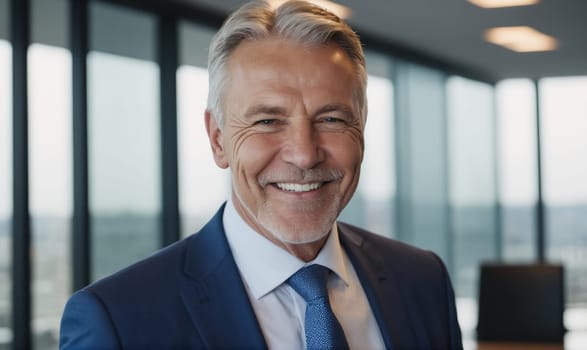 A man in a blue suit and blue tie stands smiling in an office setting. The background includes glass windows and a glimpse of another office.