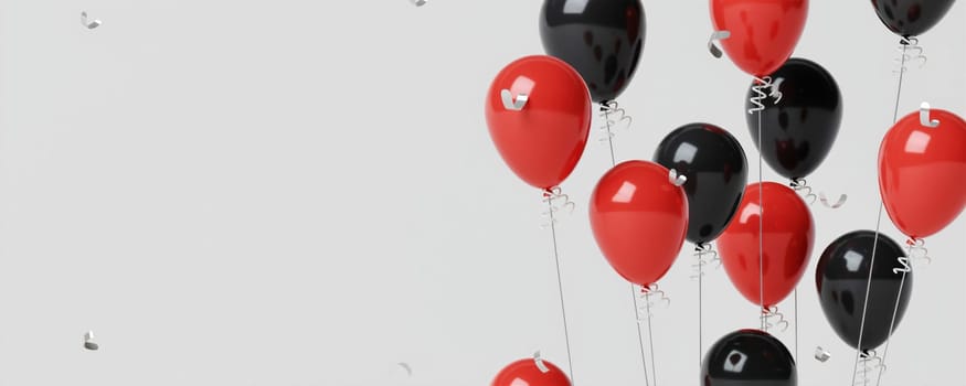 A 3D render featuring a cluster of red and black balloons on a light background, symbolizing Black Friday celebrations and modern promotional decor trends