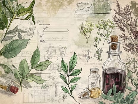 An array of botanical herbs and essential oils is displayed alongside sketches and notes, showcasing the intricate details of various plants on a textured backdrop.
