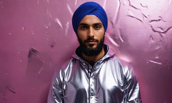 The image shows a man wearing a blue turban and a silver jacket. He is standing in front of a pink wall.