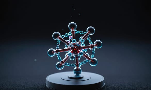 A glass molecular model with red and blue accents is displayed on a black circular base. The model is made of several small spheres and connecting rods