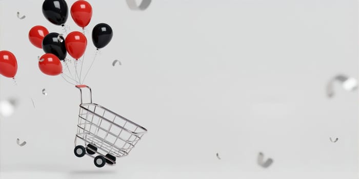 A 3D render showcasing red and black balloons lifting a shopping cart, embodying Black Friday shopping excitement and creative retail advertising trends