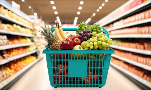 A blue shopping basket full of fresh fruit and vegetables sits in the middle of a grocery store aisle. There are shelves of groceries on both sides.