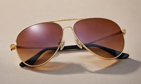 Aviator sunglasses with gold frames and brown lenses are lying on a light-colored surface.